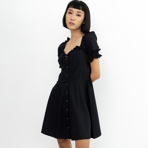 black dress with puffy sleeves