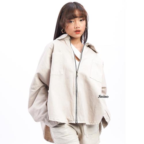Gambar JINISO Fuji Jaket Jeans Oversize Zip Khaki dari JINISO.ID Jakarta Utara Tokopedia