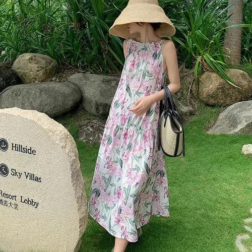 Jual Beige pink flower halter loose 