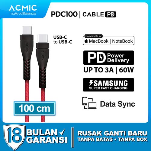 Gambar ACMIC PDC100 Power Delivery (PD) 100cm Cable USB Type C to USB Type C - Merah dari ACMIC Official Store Jakarta Barat Tokopedia