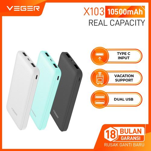 Gambar VEGER Powerbank X103 10500mAh 2.4A Slim 2 Ports USB Output Original - Putih dari Veger Jakarta Utara Tokopedia