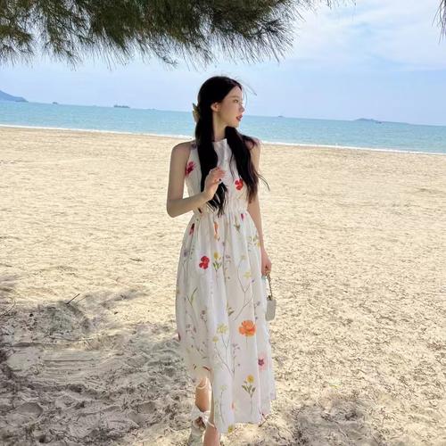 Jual white colorful flower dress women 