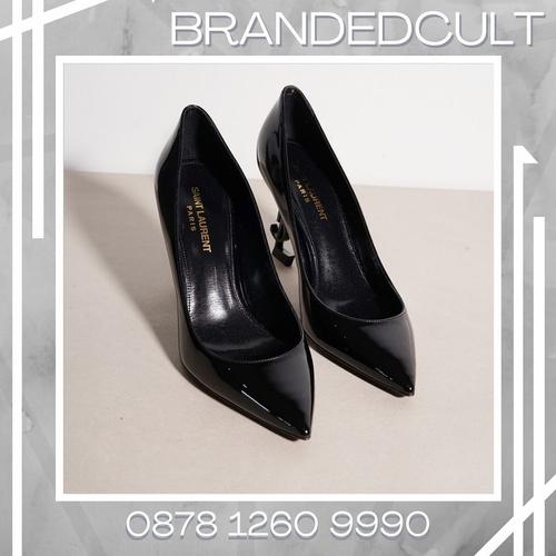 Jual YSL Opyum 85mm Pumps in Black Patent with Black Logo Heels