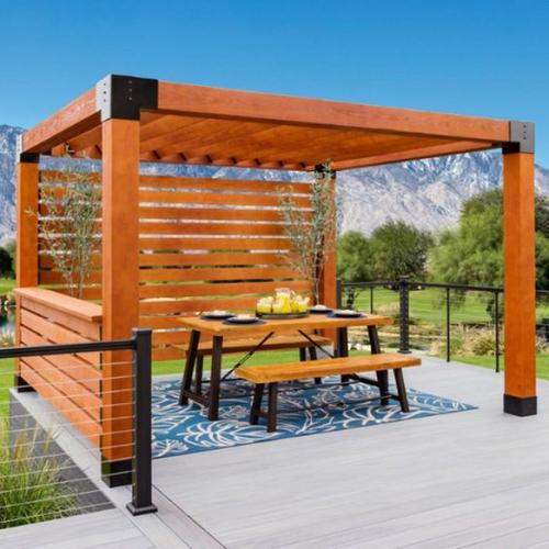 Jual Pergola Villa Minimalis Besi Hollow Jati iKayu Natural Walnut
