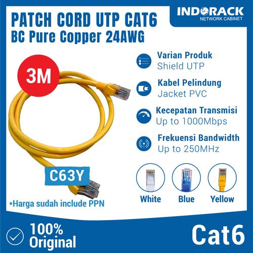 Jual C63Y - PATCH CORD 3M UTP CAT 6 KABEL LAN ETHERNET RJ45 KUNING ...