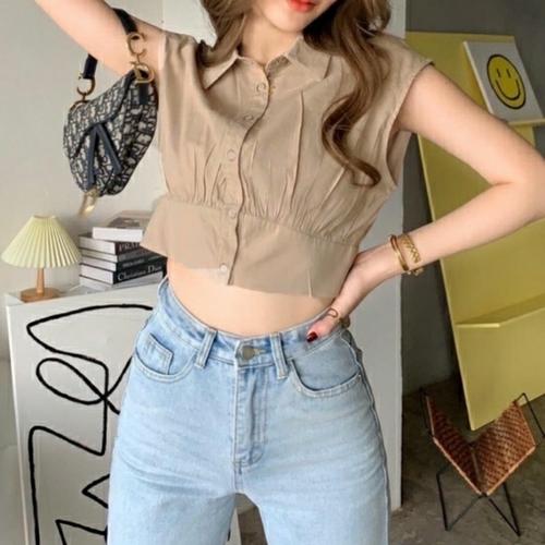 Jual Crop Top Plaid Button Korean Style 