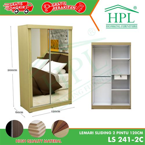 Gambar Lemari Pakaian Sliding Door 2 Pintu HPL-Cream Motif Kayu Cermin LS241C dari HOMKING Furniture Jakarta Barat Tokopedia