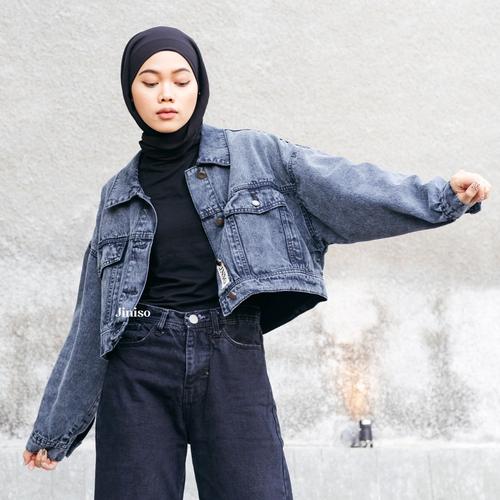 Promo JINISO Jaket Crop Jeans Oversize 