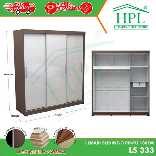 Gambar Lemari Pakaian Sliding Door 3 Pintu HPL - motif kayu coklat - Kombinasi Putih dari HOMKING Furniture Jakarta Barat Tokopedia