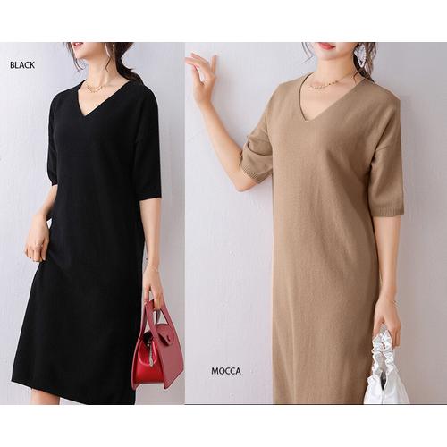 Jual Short sleeve V neck knit dress 