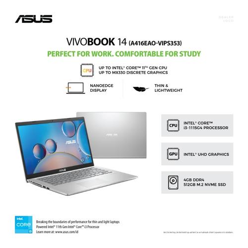Gambar Laptop Asus A416EAO-VIPS353 | i3-1115G4/512GB SSD/4GB/Win 11/SILVER dari mettagadget Kota Surabaya Tokopedia