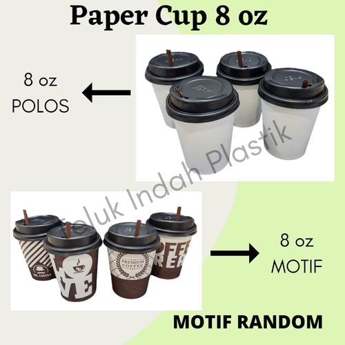 Jual (50set) Paper Cup 8 oz Motif Polos Tutup Sedotan Gelas Kertas Kopi ...