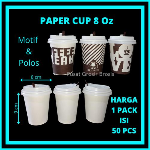 Jual (50set) Paper Cup 8 oz Motif + Tutup / Gelas Kertas Kopi 8oz Motif 8 8 oz POLOS, Gelas