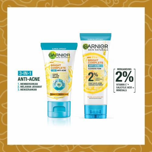 Jual GARNIER Bright Complete 3 in 1 Anti Acne Facial Foam Wash 100 ml