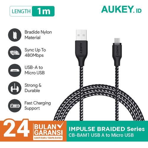 Gambar Aukey Cable CB-BAM1 1m Braided Nylon USB2.0 to Micro Black - 500424 dari AUKEY Jakarta Barat Tokopedia