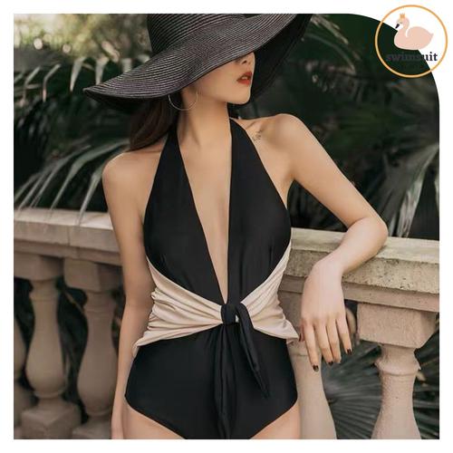 Jual Swimsuit Collection Swimwear Black Cream Halter Neck 9058 BLACK, M Jakarta Barat