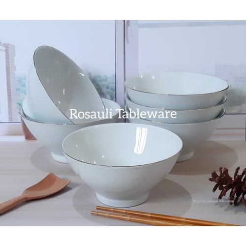 Jual Mangkok Soto Keramik 6 Inch Putih Polos Gold Line (Isi 6 pcs