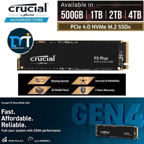SSD Interne Crucial P3 Plus 500Go M.2 NVMe PCIe Gen4 - Lecture 5000 Mo/s - Neuf