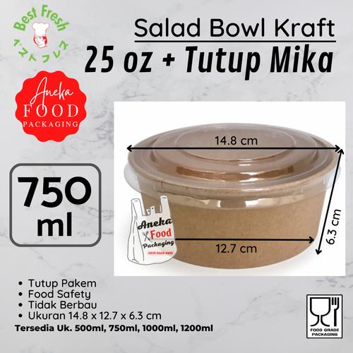 Jual Brown paper salad bowl 25oz/mangkok kertas kraft 750ml+lid bening
