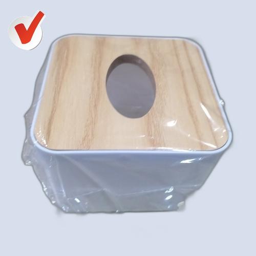 Jual Tempat Tisu meja Dispenser Tissue Square 11x11 cm Putih tutup kayu ...