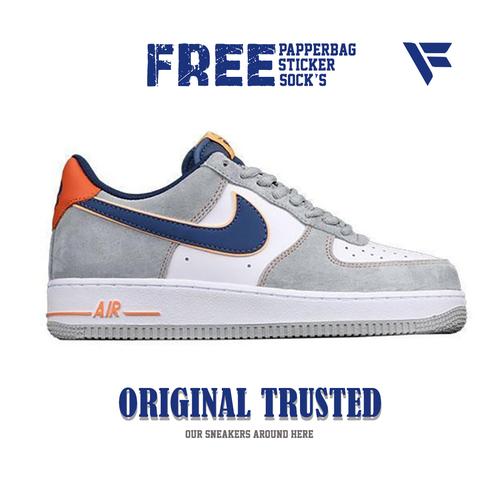 navy blue and orange air force ones