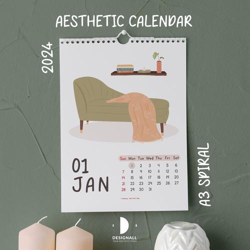 Jual Designall Kalender Dinding Aesthetic 2024 A3 Spiral PV - Kota ...