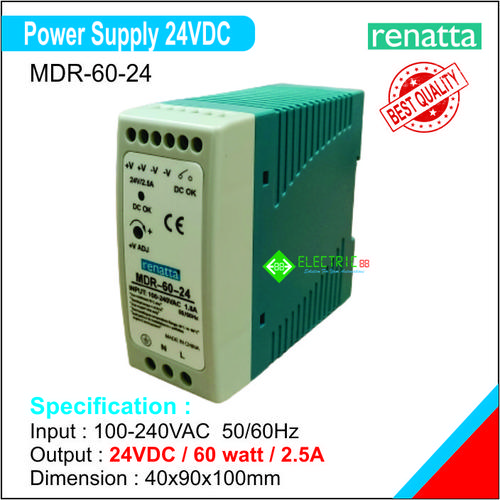 Jual MDR6024 Renatta, Power Supply 24VDC 60 watt 2.5A Kota