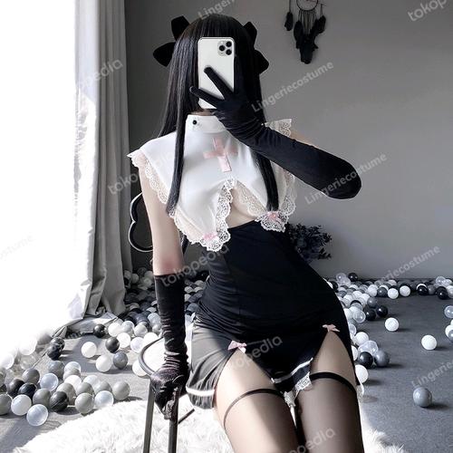 KORURACLUB Bar Maiden Maid Costume – Black PU Leather Cosplay Lingerie Set With Headband, Sleeves & Stockings