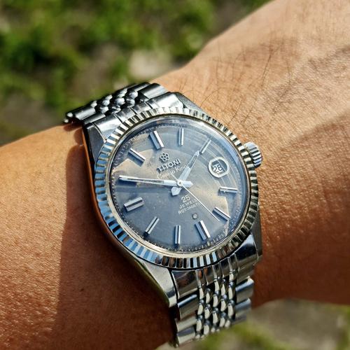 Jual Ori 70s Titoni Cosmo King 25j 14k rim Grey Dial fluted bezel