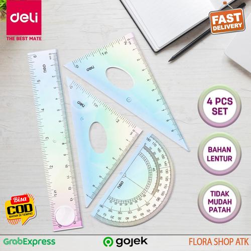 Jual Penggaris Set 4 Pc Deli Rainbow Drafting Segitiga Busur Ruler ...