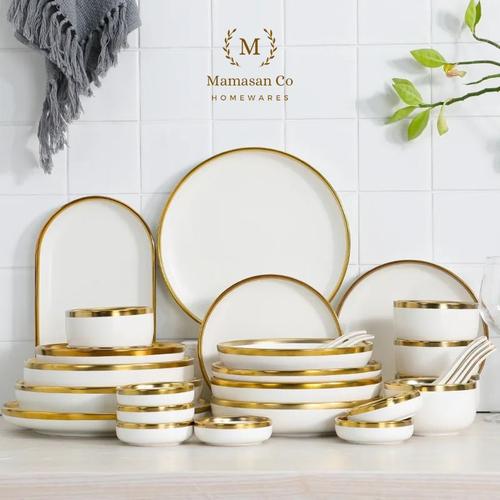 Jual Clementine Dinnerware White Gold Rim Ceramic PIring makan Deep