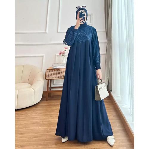 Jual Gamis Brukat Biru Dongker Dress Muslim Kondangan Wisuda Simple