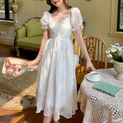 Jual Midi Dress Lace White Elegant Vintage Butterfly Puffy Ruffle SSB ...