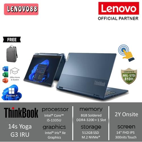 LENOVO NOTEBOOK THINKBOOK 14s YOGA G3 IRU, INTEL i5-1335U, 1.3-4.6GHz/12MB, 10 CORES, 16GB, 512GB SSD M.2 2242, 14' FHD, IPS, ANTIGL, TOUCH, INTEL IRIS XE GRAPHICS, WIFI, LAN, USB, USB4, USB-C, HDMI, WIN 11 PRO, 3YW, MINERAL GREY