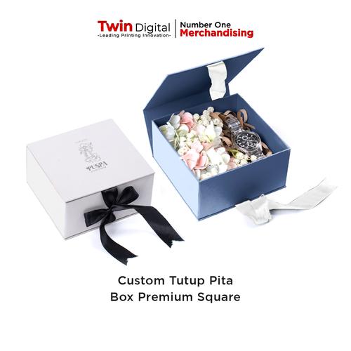 Jual Custom Tutup Pita Box Premium Square Kotak Kado Anniversary Gift Biru, Sedang Jakarta