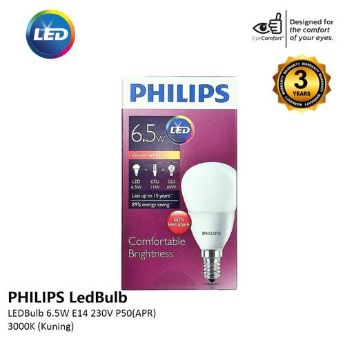 Jual Lampu Philips LEDBulb 6.5-60W E14 220V P50_PF Kuning 3000K ...