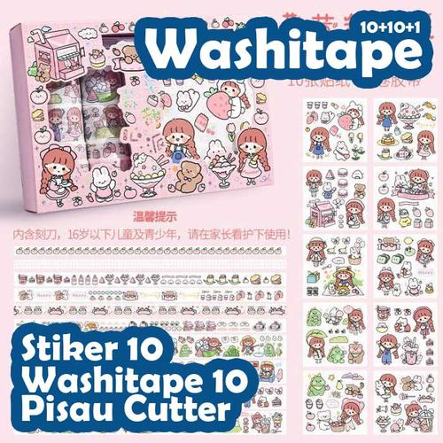 Jual Sticker Aesthetic Box SET 10+10+1 Washi Tape Knife Paper Scrapbook