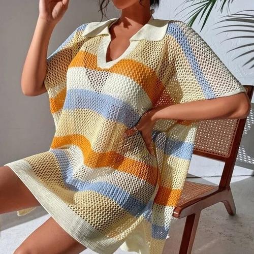 Jual yellow orange stripe outer shirt beach cover bikini outer swimsuit