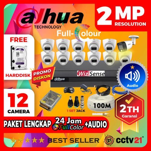 Jual Paket 12 Kamera cctv DAHUA Colorvu Audio 2MP 24 Jam Full Color