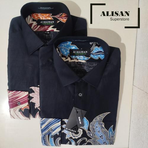 Jual Alisan Batik Pria Motif Daun Panjang Biru/Merah Lengan Panjang