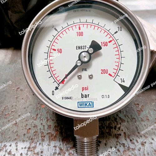 Jual pressure gauge wika 14 bar(200 psi) size 4 inch drat 1/2" full ss