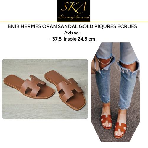 Jual Hermes Oran Sandal Gold Piqures Ecrues sz 37,5