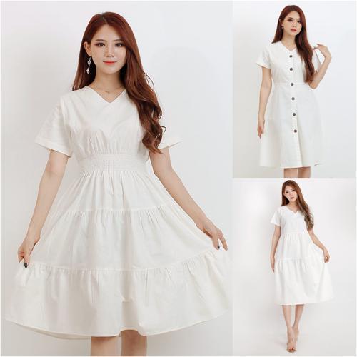 Promo Dress Midi Putih Gaun Remaja Polos Flare Baju Terusan Modern