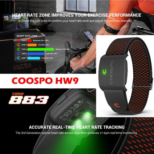 COOSPO HW9 Bluetooth 5.0 ANT+ Brassard de moniteur de fréquence cardiaque, suivi des zones HR/calories brûlées, capteur optique HRM pour fitness, cyclisme, course à pied, compatible avec Peloton