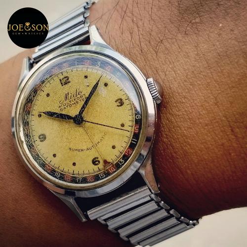 50s Vintage Mido Multifort Datometer pointer date Automatic Bumper tropical  patina Racing Dial black and red Roulette outer date track di Joe N Son 