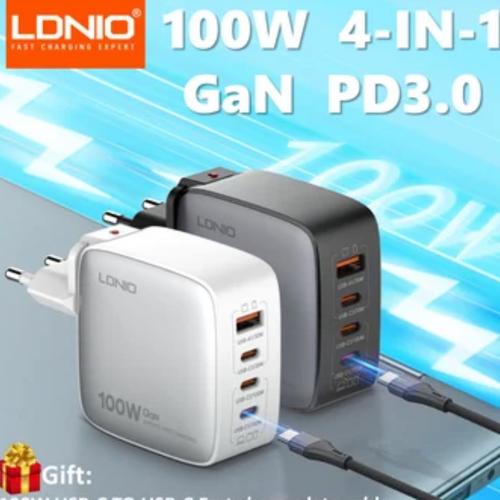 Chargeur GaN 100W LDNIO Q408 - 3 Ports USB-C + USB, Ultra-rapide, Avec Câble 1m 100W