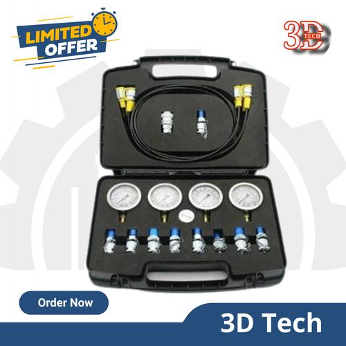 SINOCMP Hydraulic Pressure Gauge Test Kit - 4 Gauges, 4 Hoses, 10 Couplings, 3 Tees For Excavators & Machinery (Gold Case)