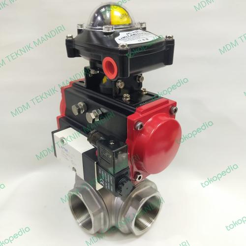 Jual pneumatic actuator ball Valve 3 way 1 inch + limit switch ...