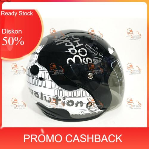 Jual 3.3 HELM HELEM NOTES BLACK WHITE GLOSS MODEL GM EVO HALF FACE IJIN