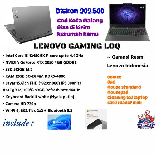 Jual Lenovo Gaming LoQ 15IAX9E Core i5 12450Hx 12GB DDR5 SSD 512GB